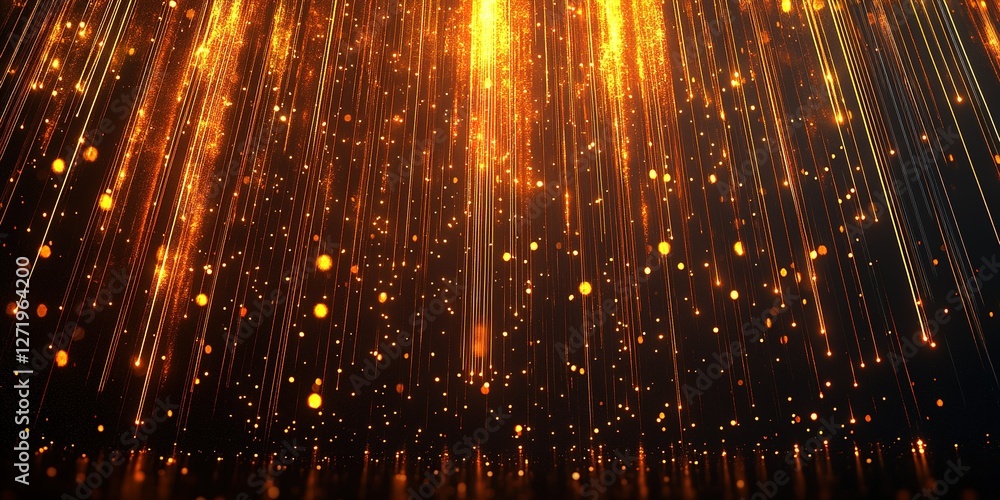 Poster light rays and golden particles create a mesmerizing effect in a dark environment during an evening 