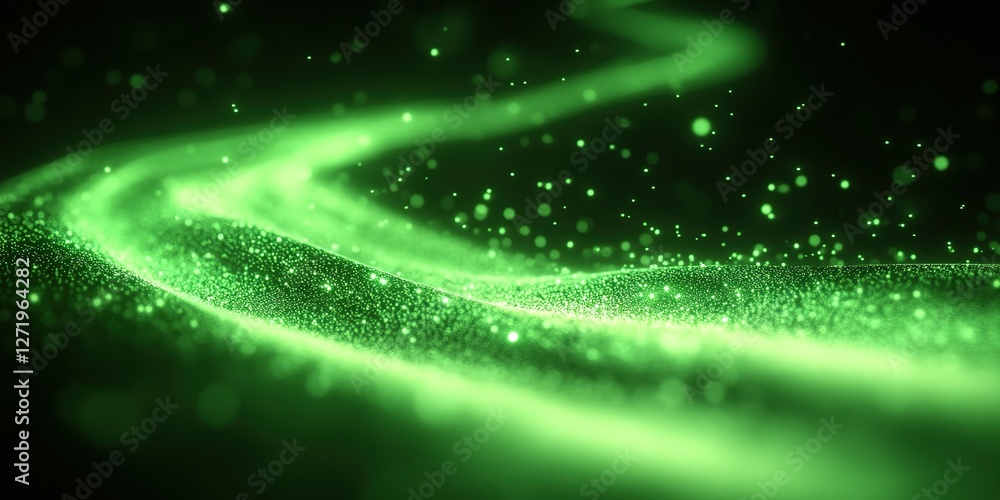 Aufkleber bright green glowing particles create flowing patterns in a dark atmosphere, showcasing abstract bea