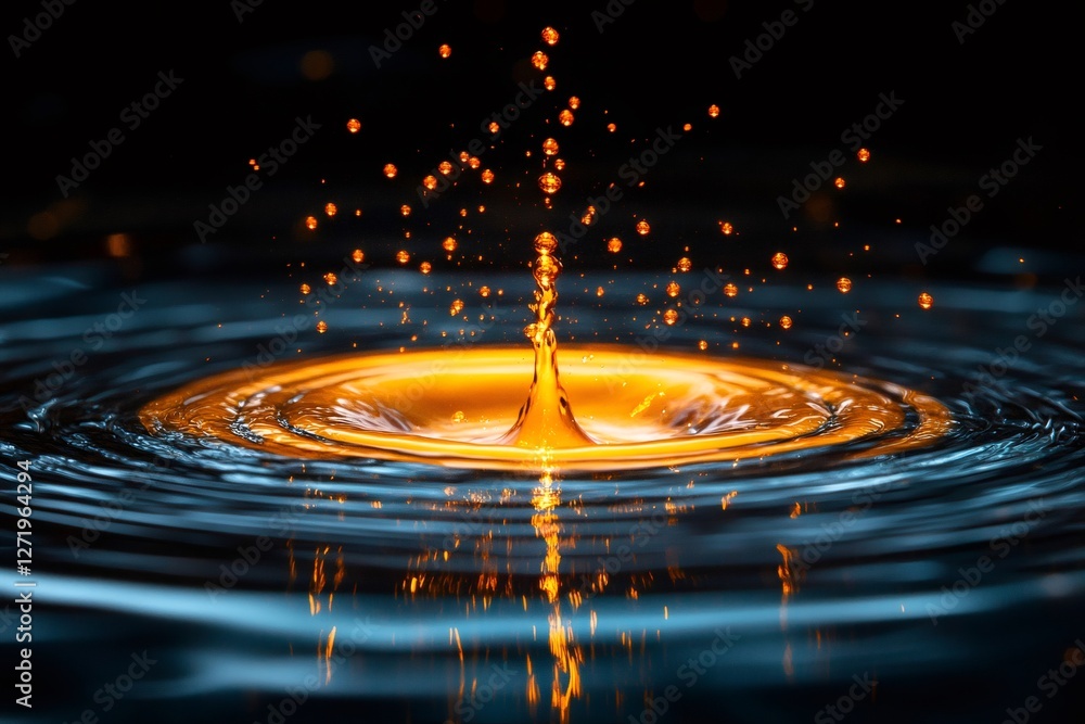 Poster Golden water drop splashing and creating concentric ripples on dark background