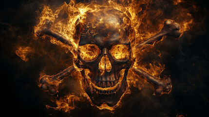 Skull and Crossbones with Flames and Smoke Swirling Around, Edgy Tattoo Design Symbolizing Danger, Rebellion, and Power