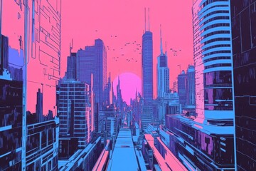 Obraz premium Futuristic cityscape featuring pink sky and blue buildings art