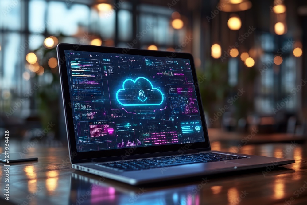 Leinwandbilder cloud computing data storage downloading on laptop in blurred background