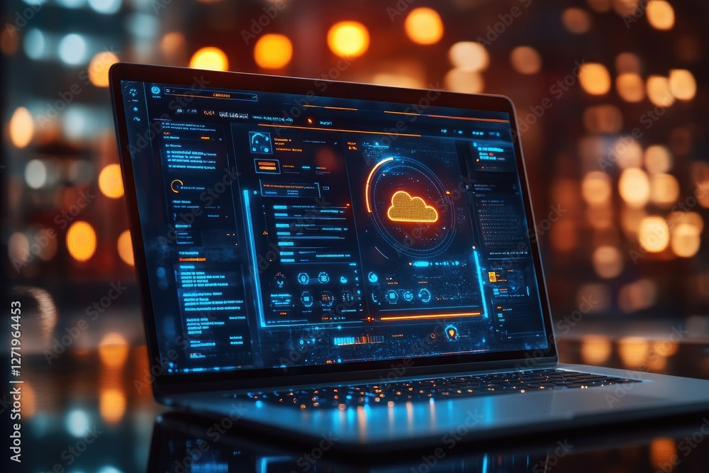 Leinwandbilder Laptop showing cloud computing statistics on futuristic software interface in blurred background
