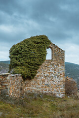 Fototapeta premium Derelict church. Run down church. Abandoned village in Valdenegrillos, Soria, Spain. Soria Highlands. Bell tower with plants. Nature growing among the ruins.