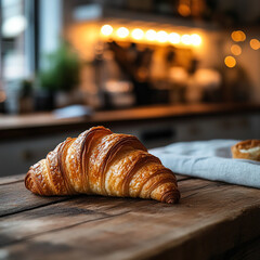 Close-up of a fresh croissant on a rustic wooden table, against the backdrop of a cozy kitchen with warm lighting.