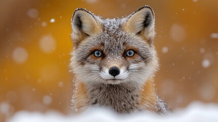 Obraz premium A close-up portrait of a charming red fox with snow on its fur, set against a warm, blurred autumn background