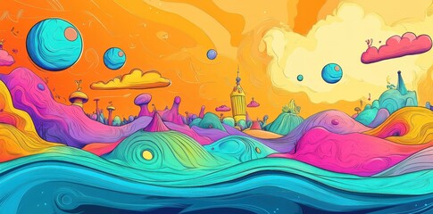 A vibrant surreal landscape featuring otherworldly planets and unusual structures