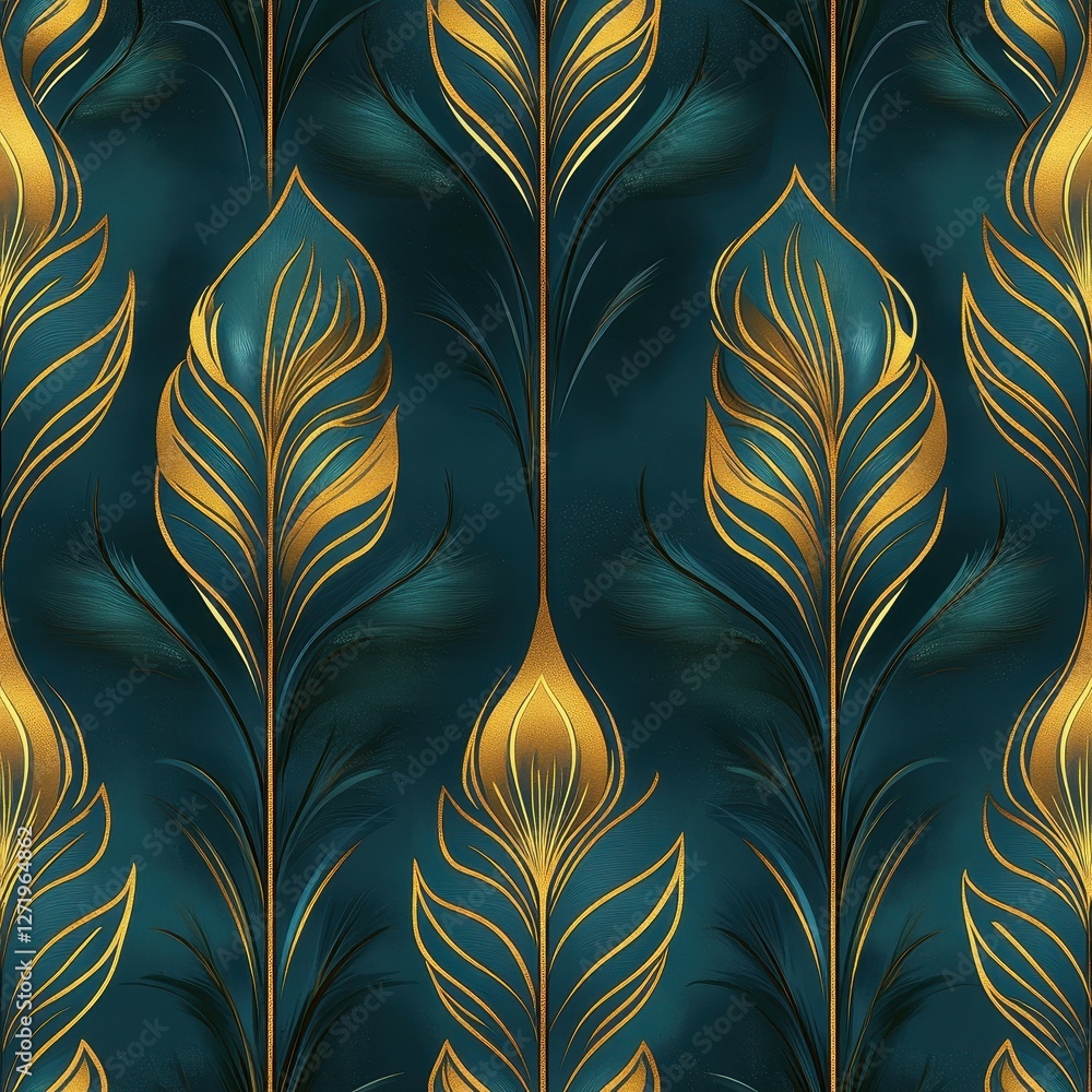 Aufkleber golden stylized feathers create a symmetrical pattern on teal backdrop