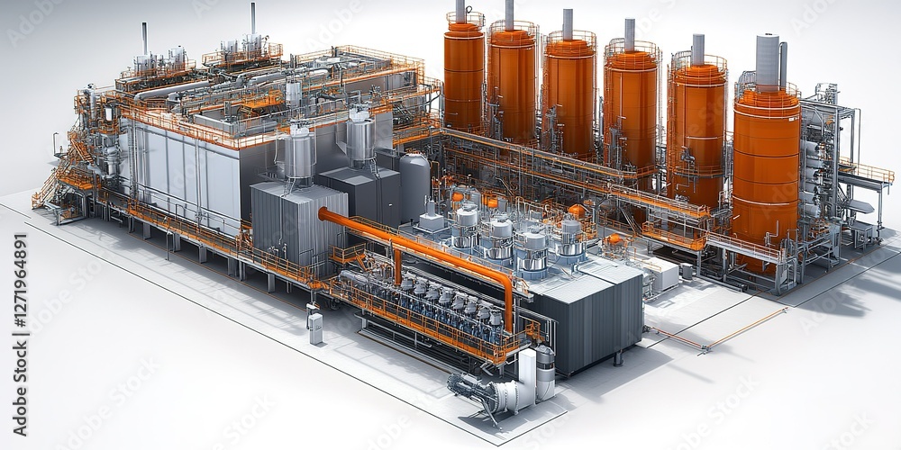 Poster industrial processing facility featuring large tanks and complex piping in a controlled environment