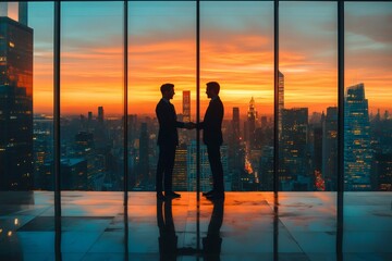 Fototapeta premium Two businessmen shaking hands in front of new york city skyline at sunset