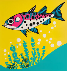 Abstract crazy fish on yellow background, Generative AI