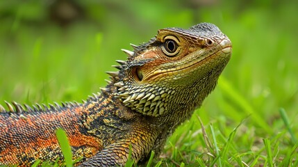 Fototapeta premium Close-up of a Vivid Australian Water Dragon in Lush Green Grass