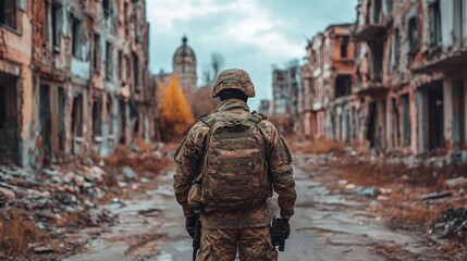 Soldier standing amidst the ruins of a desolate urban landscape, reflecting on the aftermath of conflict and loss