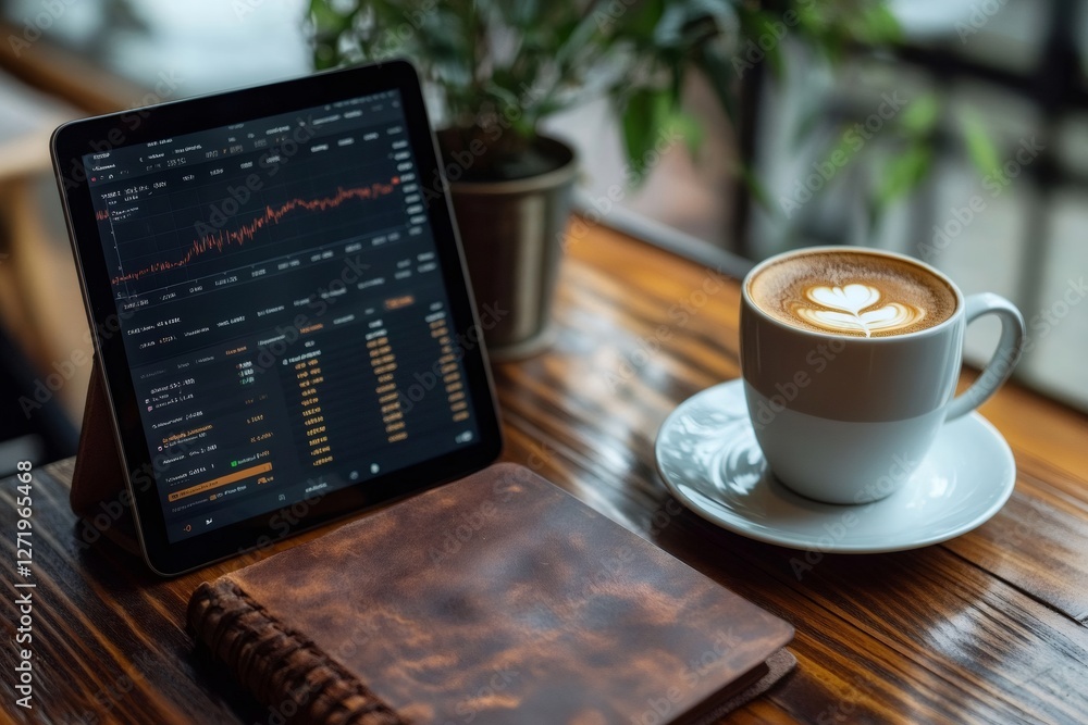 Poster Trader drinking cappuccino and analyzing cryptocurrency charts on tablet