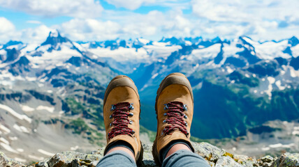 A person sits on a rocky ledge, gazing at majestic snow-capped mountains under a bright blue sky, wearing hiking boots.