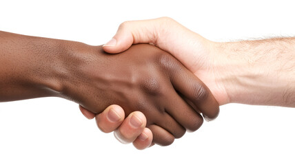 A close-up of two hands shaking, symbolizing unity, collaboration, and mutual respect across different backgrounds, on white background