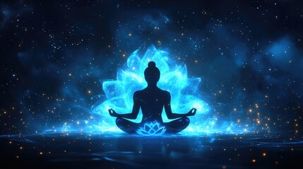 A serene silhouette of a meditating figure surrounded by glowing blue light and a luminous lotus flower