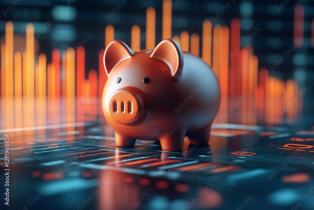 Poster piggy bank standing on financial charts representing saving and investment