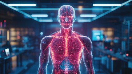 Futuristic digital human anatomy representation in a high-tech lab environment highlighting internal systems and glowing networks