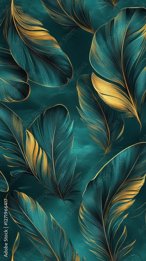 Poster elegant feathers in teal and gold create a seamless pattern
