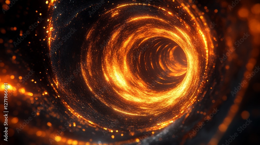 Poster fiery tunnel with glowing rings and sparkling particles surrounding it