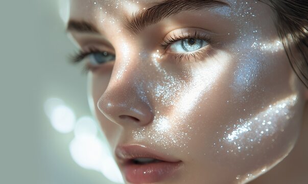 Close-up of a beautiful young girl, her skin is fresh, moisturized and glowing. Young woman with dewy, glowing skin.