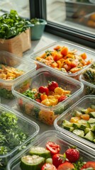 Obraz premium Freshly prepared lunch foods are displayed in clear reusable containers, showcasing vibrant salads and colorful vegetables, beautifully arranged on a bright table by the window