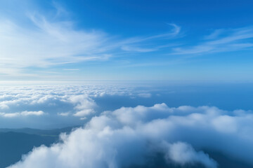 Naklejka premium Blue sky background with tiny clouds. Panoramic view above the clouds.
