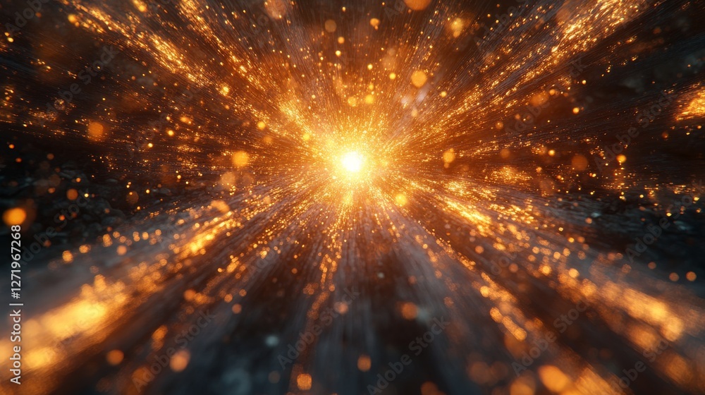 Poster abstract explosion of golden particles emanating from a central light