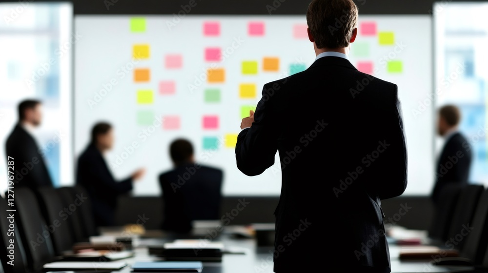 Poster Business professionals engaging in a meeting, utilizing colorful sticky notes for organizing tasks and managing deadlines to enhance multitasking and time management