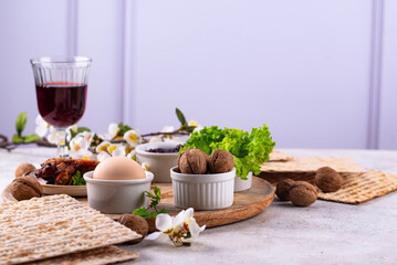 Traditional Passover Seder plate with symbolic foods. Symbolic of Jewish holiday Pesah.