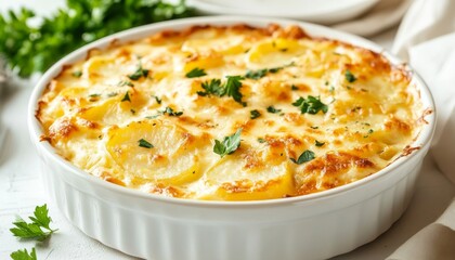 Potato gratin with layers of cream, melted cheese and fresh parsley exuding comfort and homemade flavor. Potato gratin on a white plate.