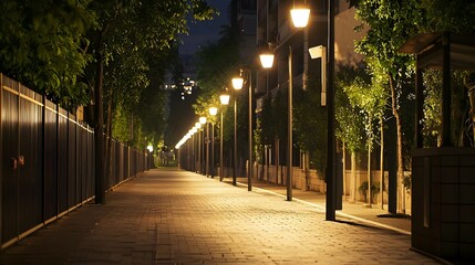 Night City Street Walkway with Warm Yellow Lamp Light