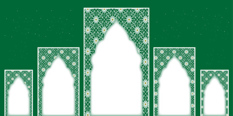 Banner Islamic background with seamless pattern and shadow shape | Futuristic background | Abstract vector frame background for Eid, Ramadan, greeting with forest green colour  | Pattern background