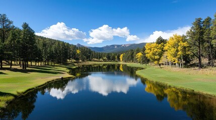 Fototapeta premium Autumn Landscape with Calm Lake Reflection and Yellow Trees