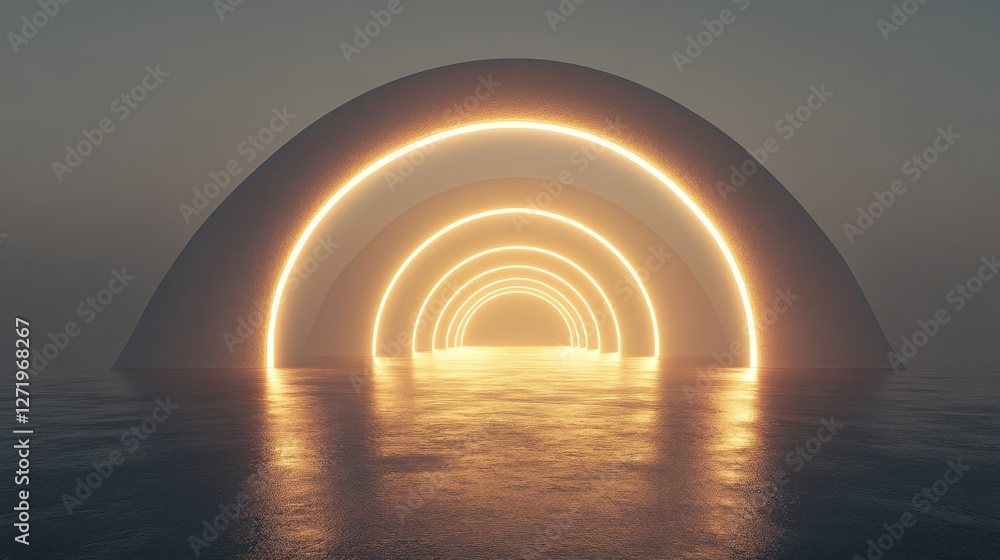 Poster abstract illuminated arches on reflective surface create a futuristic tunnel