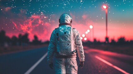 Fototapeta premium Astronaut's Journey: A Surreal Nighttime Walk
