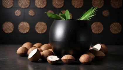Empty coconut shells arranged in a geometric pattern inside a sleek black vase, creating a sense of precision and order , ordered, coconut