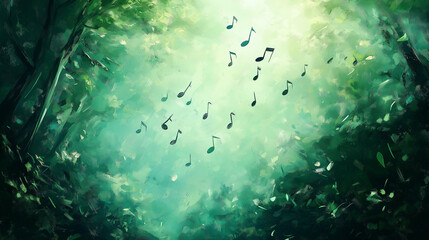 Fototapeta premium Music Notes Flowing Through Abstract Forest Illustration