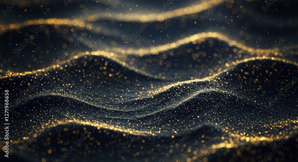 Poster A textured backdrop of rippling waves adorned with sparkling golden particles illuminated by soft light