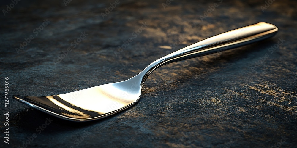 Poster unique silver spoon resting on a rustic dark surface illuminated by soft light
