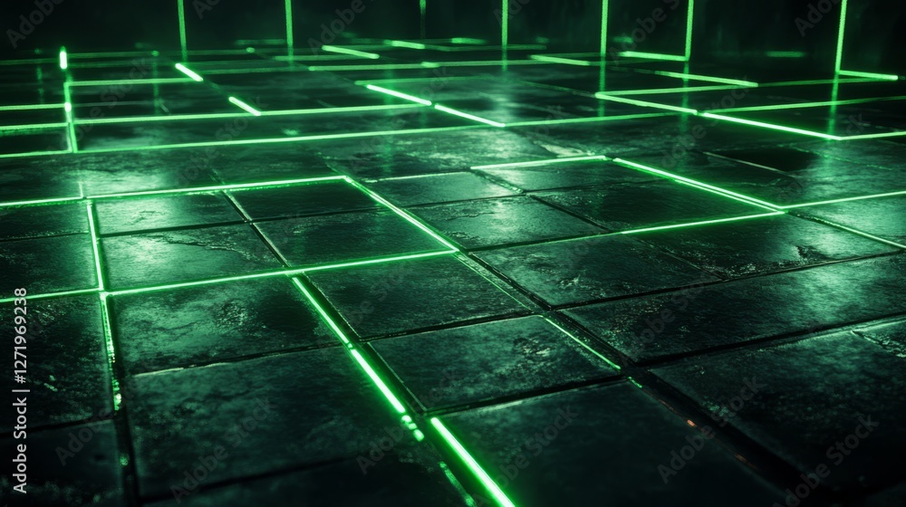 Poster abstract green neon lines intersecting on dark textured floor tiles