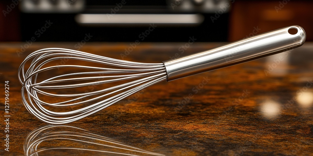 Poster whisk resting on a countertop in a modern kitchen, showcasing its sleek design and functionality
