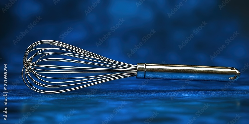 Poster whisk placed on a smooth surface against a vibrant blue background with soft lighting