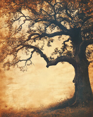 Old Tree with Sprawling Branches and Photo Frame Overlays in Warm Earthy Tones, Family Saga Concep