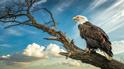 Obraz premium Majestic bald eagle standing proudly on a weathered branch with a powerful mood representing freedom and nature against a dramatic sky