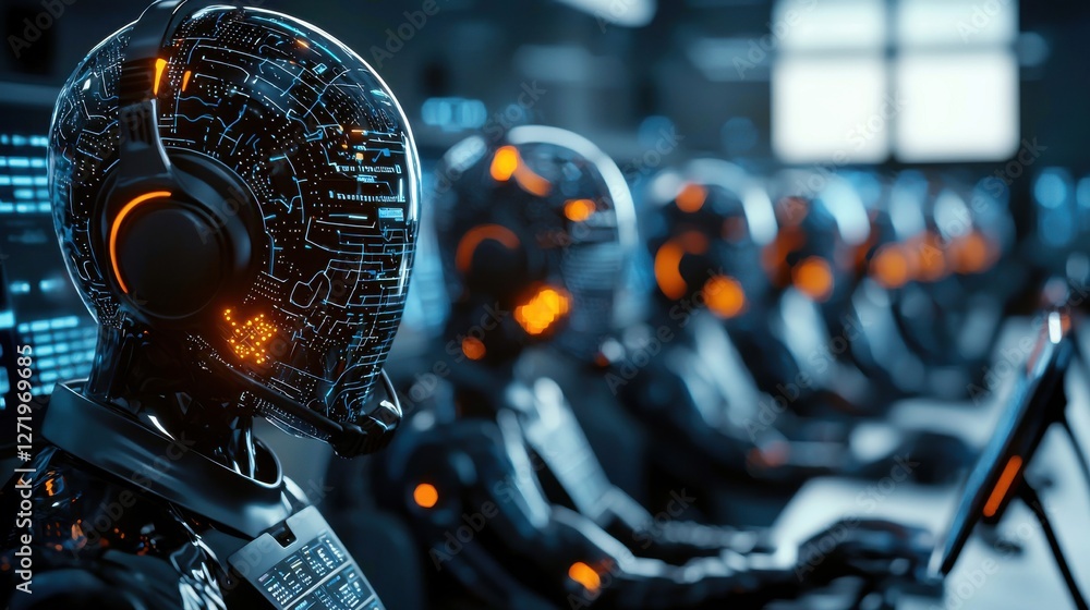 Aufkleber A group of robots are sitting in front of a computer screen