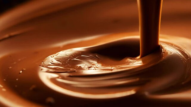 AI-generated video showcasing rich chocolate being poured and swirling smoothly, capturing its creamy texture and glossy finish.

