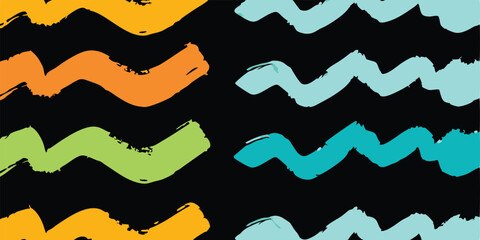 vintage color brush paint stroke set features hand-drawn lines, squiggles, scratches, and color swatches, with a retro, fun, and quirky childish feel, perfect for kindergarten art.