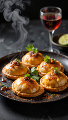 Elegant empanadas with chimichurri sauce on dining table, gourmet cuisine